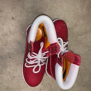 Red and white Timberlands